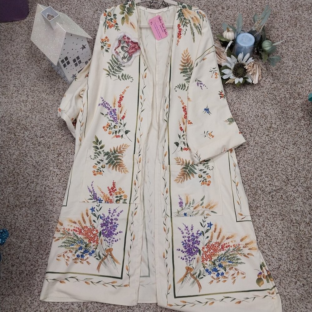 Floral Cream Longline Kimono Blazer